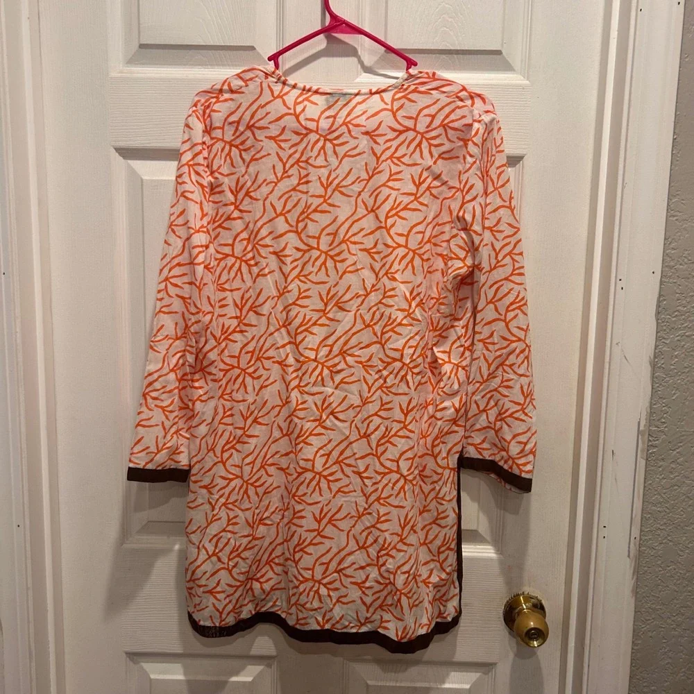 Roberta Roller Rabbit Tunic Top Women's L White‎ Orange Coral Print Cotton